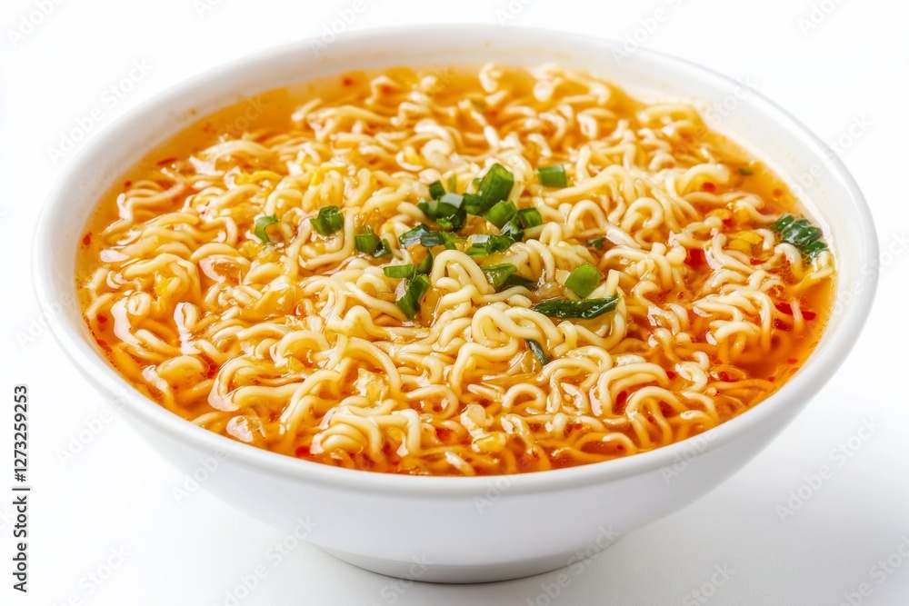 Spicy instant noodles in a bowl, garnished with green onions. Spicy instant noodles in a bowl, garnished with green onions.