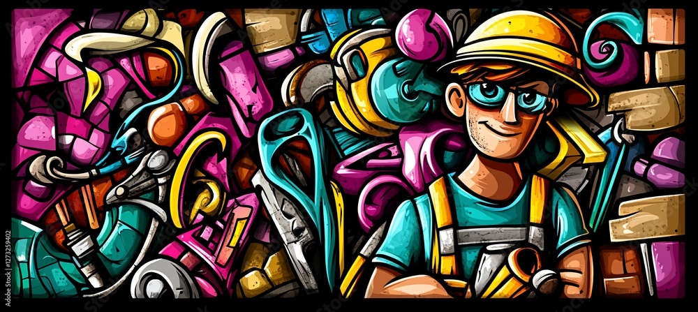 Obraz premium Cartoon construction worker surrounded by tools and building materials in vibrant colors.