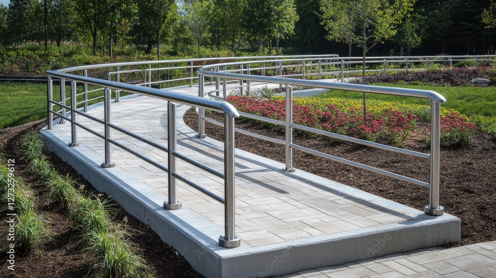 A contemporary garden walkway with aluminum handrails lining the path for safety A contemporary garden walkway with aluminum handrails lining the path for safety