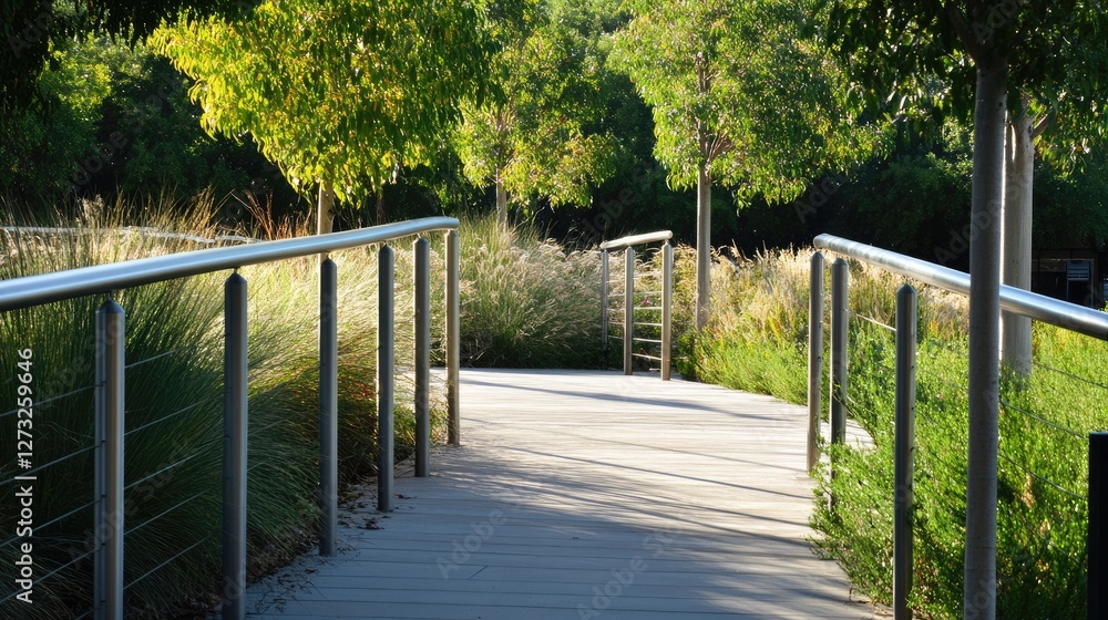 A contemporary garden walkway with aluminum handrails lining the path for safety A contemporary garden walkway with aluminum handrails lining the path for safety