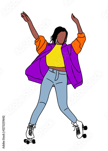 Roller skater outline vector drawing isolated on transparent background. Young cool teenage girl on rollerblades. Teens during fun sport activity. Korean japanese asian cartoon thin line style.
