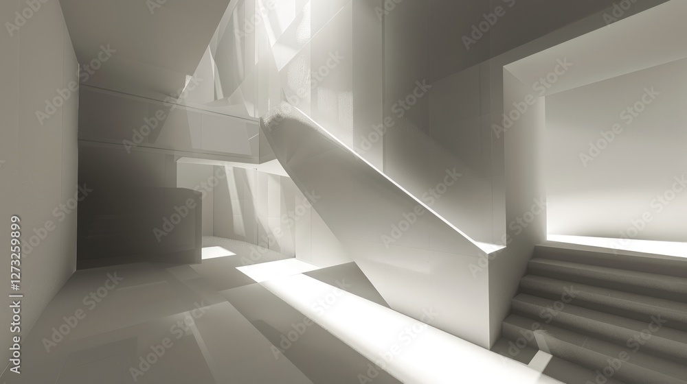 Abstract Architectural Interior: White Modern Design, Staircase and Sunlight Abstract Architectural Interior: White Modern Design, Staircase and Sunlight