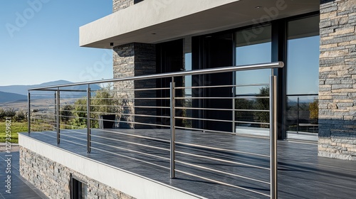 A contemporary home with aluminum handrails on the porch, designed for durability and elegance