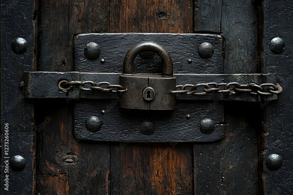 Old padlock secures rustic wooden door Old padlock secures rustic wooden door