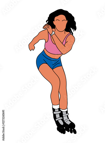 Roller skater outline vector drawing isolated on transparent background. Young cool teenage girl on rollerblades. Teens during fun sport activity. Korean japanese asian cartoon thin line style.