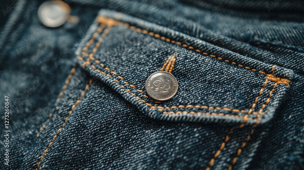 Close-up of denim jacket pocket detail, showing button and stitching. Close-up of denim jacket pocket detail, showing button and stitching.