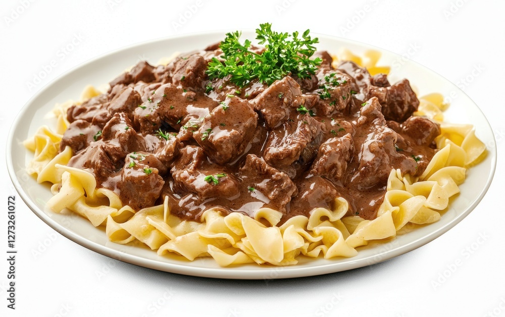 Soaring plate of beef stroganoff with creamy sauce, isolated on a bright background Soaring plate of beef stroganoff with creamy sauce, isolated on a bright background