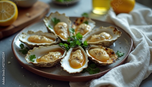 Exquisite presentation of fresh oysters garnished with lemon and herbs on a rustic plate
