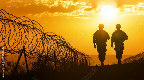 Two soldiers patrolling near fencing on border area to stop illegal immigrants, smuggling and other threats to country. photo