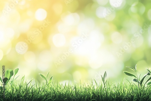 Lush green grass with young plants against a bright, bokeh background.