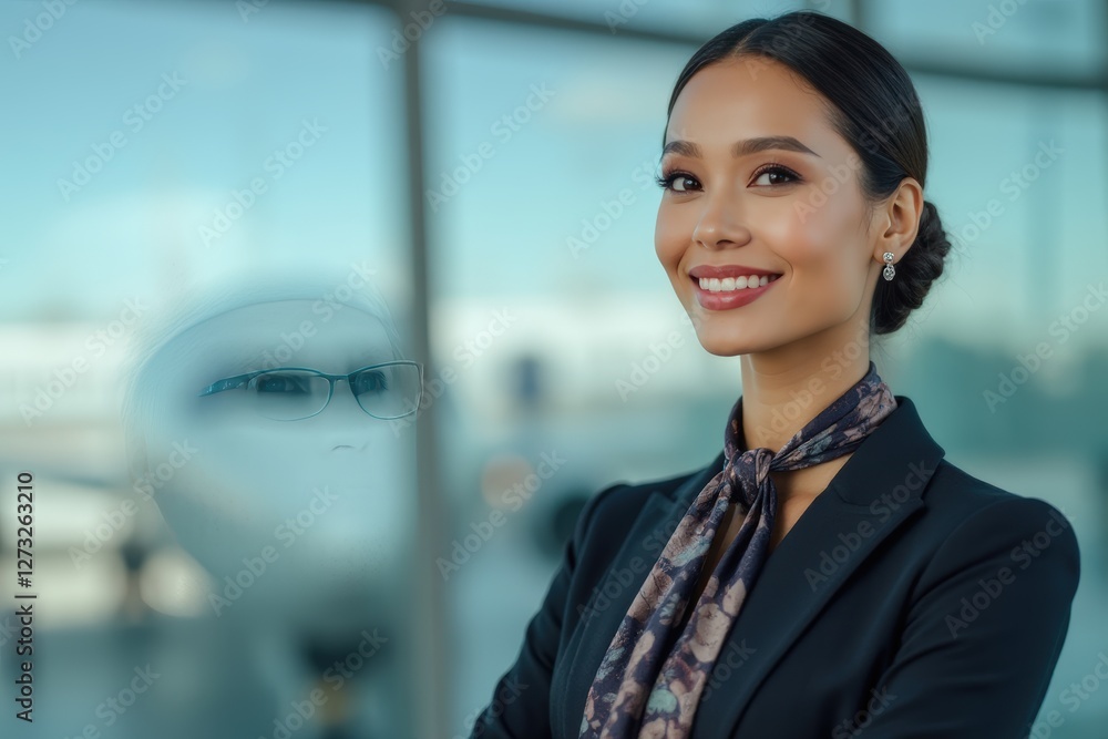 Head and shoulders Portrait of an elegant stylish Nauruan 40 years old female flight attendant in uniform. Head and shoulders Portrait of an elegant stylish Nauruan 40 years old female flight attendant in uniform.
