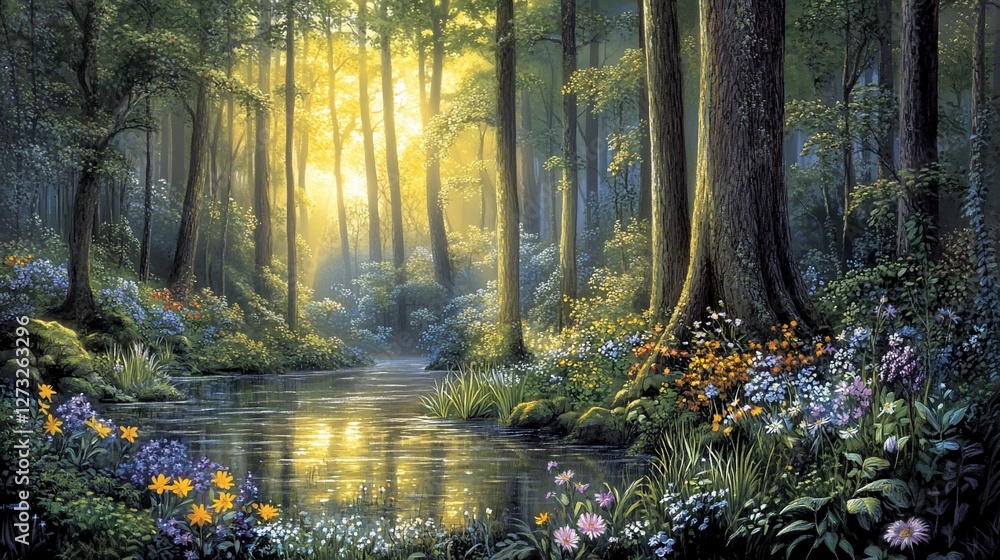 Sunlit forest stream with vibrant wildflowers. Sunlit forest stream with vibrant wildflowers.