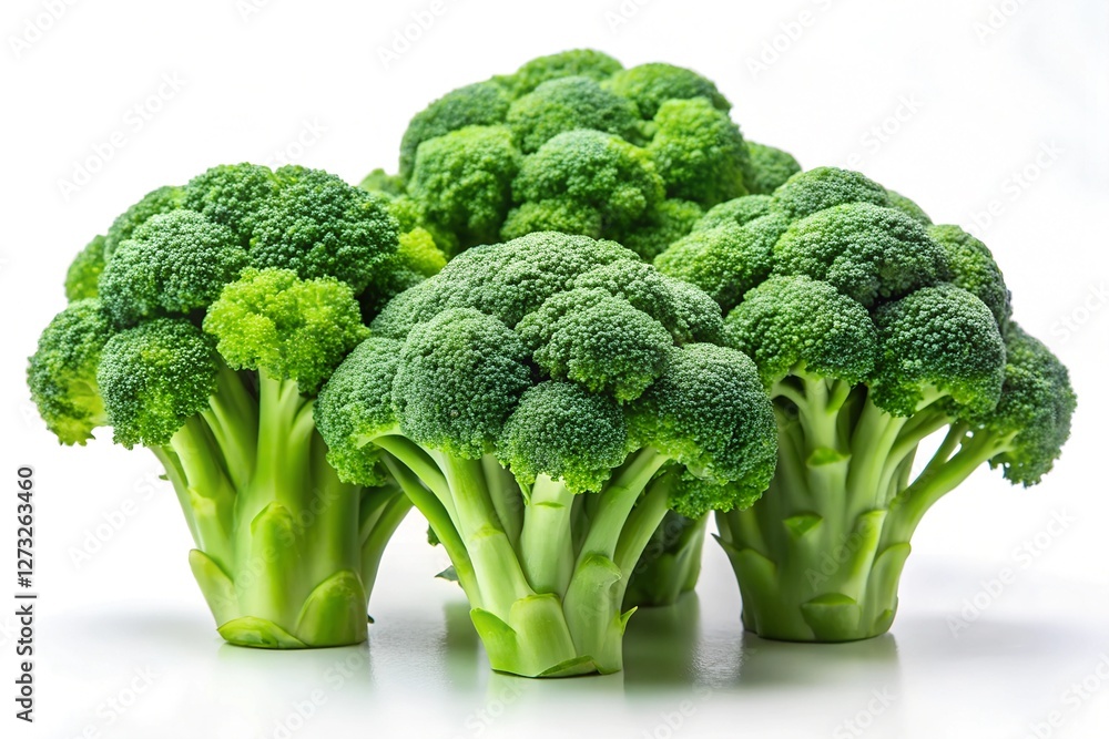 Vibrant Green Broccoli Florets on White Background Vibrant Green Broccoli Florets on White Background