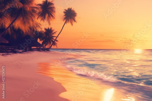 Idyllic sunset over a tropical beach with palm trees and bungalows.