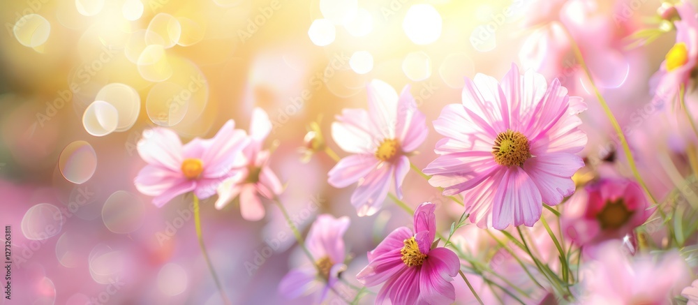 Wildlife spring bright natural background with soft pink cosmos flowers close up bokeh light Wildlife spring bright natural background with soft pink cosmos flowers close up bokeh light