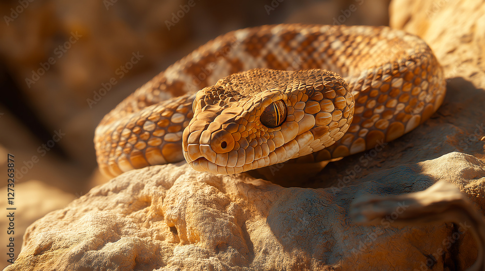 Obraz premium Captivating rattlesnake coiled on rocky terrain under warm sunlight in a desert landscape