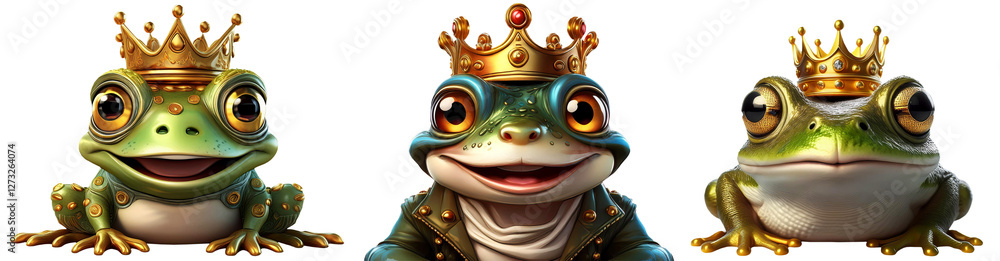 Cartoon character of a green frog or toad with golden crown, isolated on transparent or white background. Png. Collection and variation. Generative Ai. Cartoon character of a green frog or toad with golden crown, isolated on transparent or white background. Png. Collection and variation. Generative Ai.