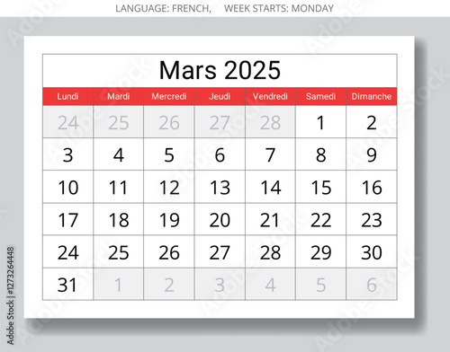 French calendar for march 2025. Vector illustration of winter month page for France - mars calendrier
