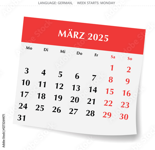 German calendar for march 2025. Vector illustration of winter month page for Germany
