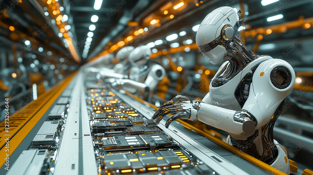 Fototapeta premium Futuristic assembly line featuring advanced robots constructing electronic components in a high-tech facility