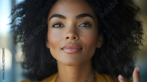 Wallpaper Mural Close up portrait of a confident African American woman gesturing and thoughtfully explaining during a remote video job interview session  She has curly black hair and is wearing professional attire Torontodigital.ca