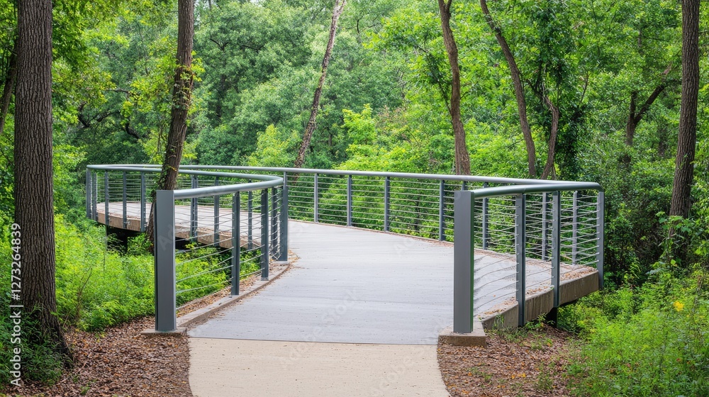 A futuristic pedestrian bridge with curved aluminum railings, blending safety and innovation
