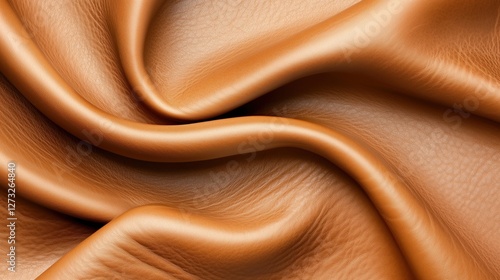 Smooth caramel brown leather fabric with elegant folds. Luxury material and texture.