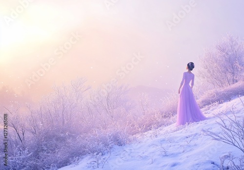 Woman in lavender gown on snow-covered hill at sunrise.