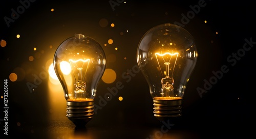 Illuminating Ideas: Two incandescent light bulbs shine brightly, casting a warm glow against a dark background, symbolizing innovation and the spark of creativity.