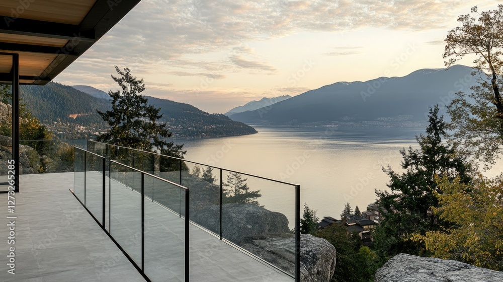 Naklejka premium A glass-paneled aluminum handrail system installed on a scenic balcony, maximizing visibility