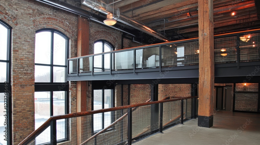 Obraz premium A glass-walled office featuring aluminum handrails along a mezzanine walkway