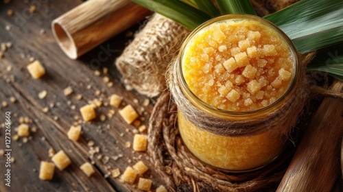 Jar of Jaggery with Sugarcane Pieces on Wooden Surface photo