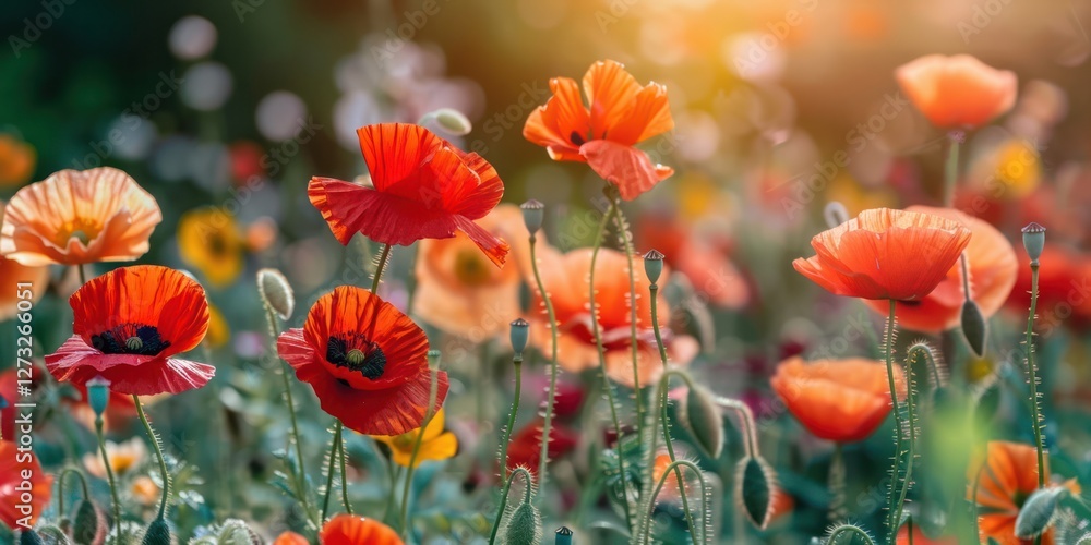 Fototapeta premium Red poppy flowers blooming close up shot wild environment sunlight nature botanical