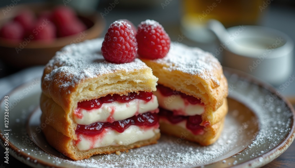 Delicious layered puff pastry dessert featuring creamy filling and fresh raspberries displayed on a rustic table Delicious layered puff pastry dessert featuring creamy filling and fresh raspberries displayed on a rustic table