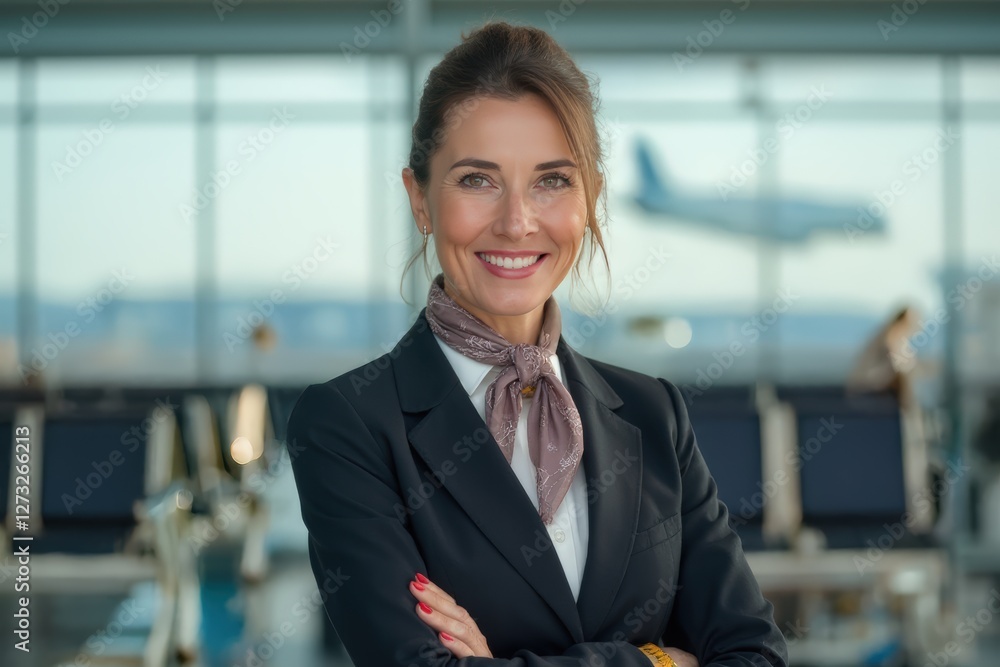 Head and shoulders Portrait of an elegant stylish Portuguese 40 years old female flight attendant in uniform. Head and shoulders Portrait of an elegant stylish Portuguese 40 years old female flight attendant in uniform.