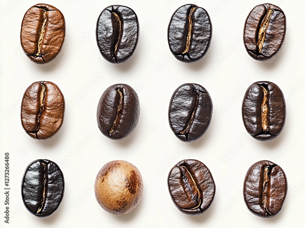 Twelve roasted coffee beans and one unroasted bean arranged in a grid on white background. Twelve roasted coffee beans and one unroasted bean arranged in a grid on white background.