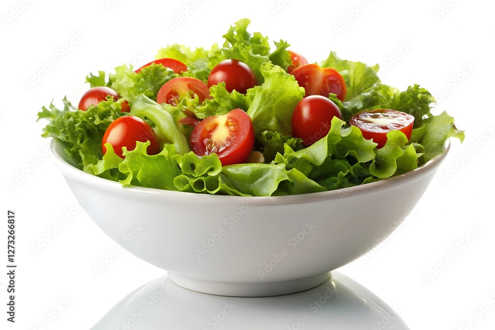 Fresh Green Salad in a White Bowl with Crisp Lettuce, Tomatoes, and Glossy Dressing Fresh Green Salad in a White Bowl with Crisp Lettuce, Tomatoes, and Glossy Dressing