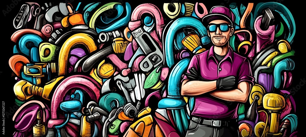 Obraz premium Cartoon illustration of a handyman surrounded by tools.