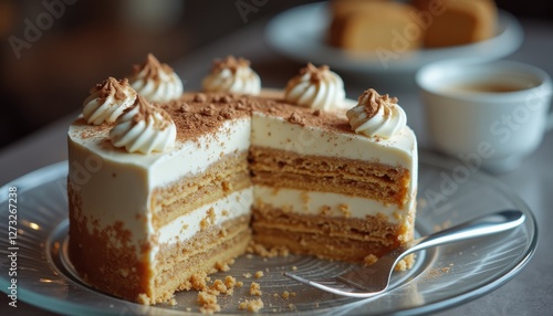 Wallpaper Mural Elegant layered cake with creamy frosting and delicate decoration in a cozy cafe setting Torontodigital.ca