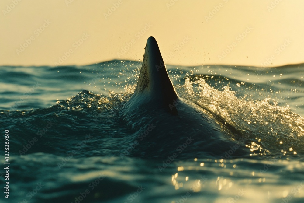 Fototapeta premium Shark fin emerges from ocean water at sunset.