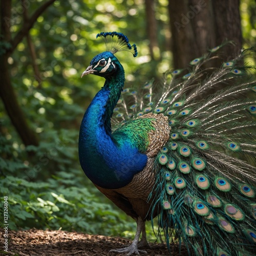 Wallpaper Mural A magnificent peacock displaying its iridescent feathers in a lush green forest. Torontodigital.ca