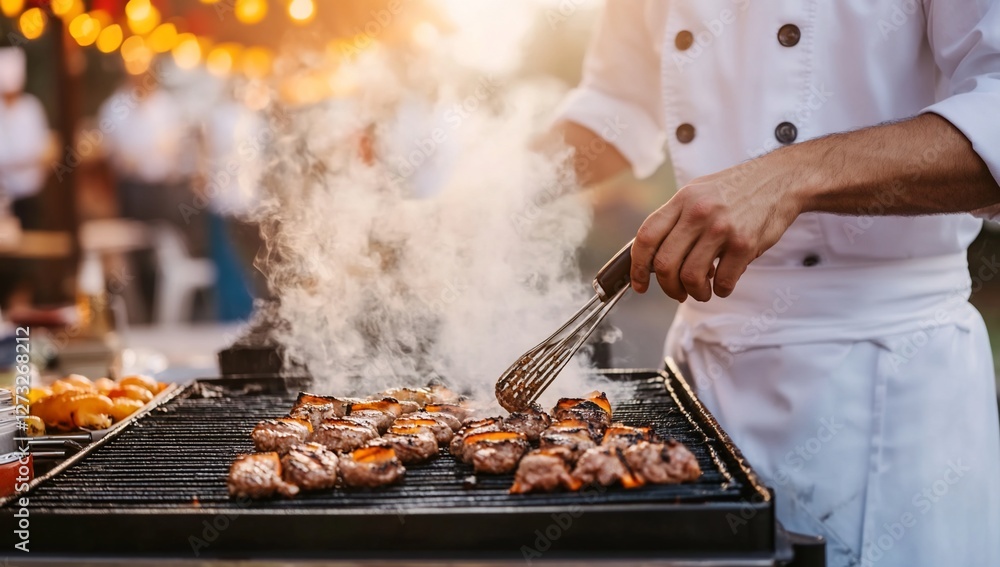 Chef grilling meat skewers outdoors at sunset. Chef grilling meat skewers outdoors at sunset.