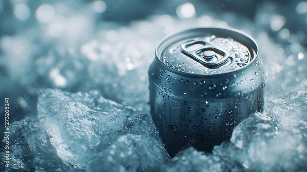 Close-up of a cold, metallic beverage can nestled in ice cubes. Close-up of a cold, metallic beverage can nestled in ice cubes.