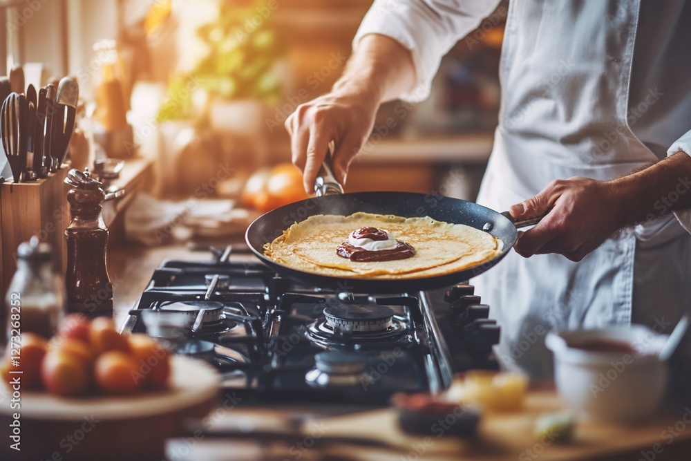 Chef preparing crepe with filling on stovetop in kitchen. Chef preparing crepe with filling on stovetop in kitchen.