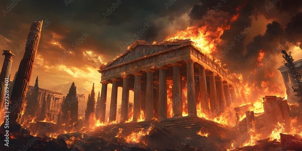 Fototapeta premium Ancient City Temple Burning, Fiery Destruction