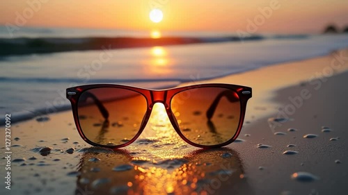 Wallpaper Mural Close-Up View of Sunglasses Showing Sea Waves Reflection at Sunset Torontodigital.ca