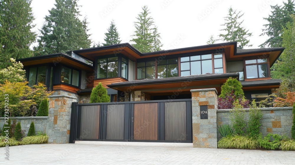 A lightweight aluminum gate effortlessly opening to reveal a luxurious home exterior A lightweight aluminum gate effortlessly opening to reveal a luxurious home exterior