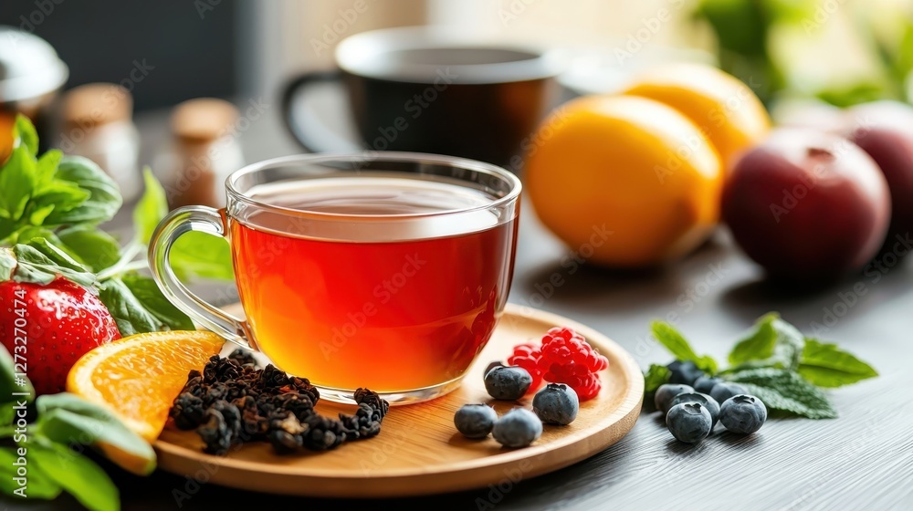 A close-up of a cup of tea on a wooden plate, surrounded by fresh fruits, herbs, and a secondary cup in the background, suggesting a refreshing, healthy beverage scene. A close-up of a cup of tea on a wooden plate, surrounded by fresh fruits, herbs, and a secondary cup in the background, suggesting a refreshing, healthy beverage scene.