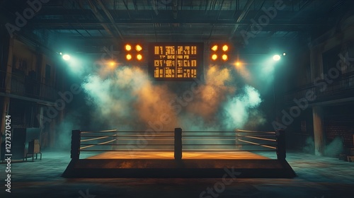 Dimly Lit Boxing Arena Ready for Championship Match with Scoreboard and Intense Spotlights