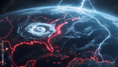 A dramatic, high-contrast satellite image of Earth showing a massive hurricane, earthquake fault lines glowing red, and a Schumann Resonance energy wave overlay.  photo